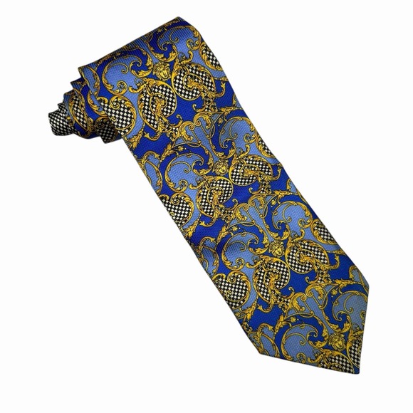 Gianni Versace Mens Vtg Tie Baroque Medusa Harlequin Blue/Gold Silk 3 7/8